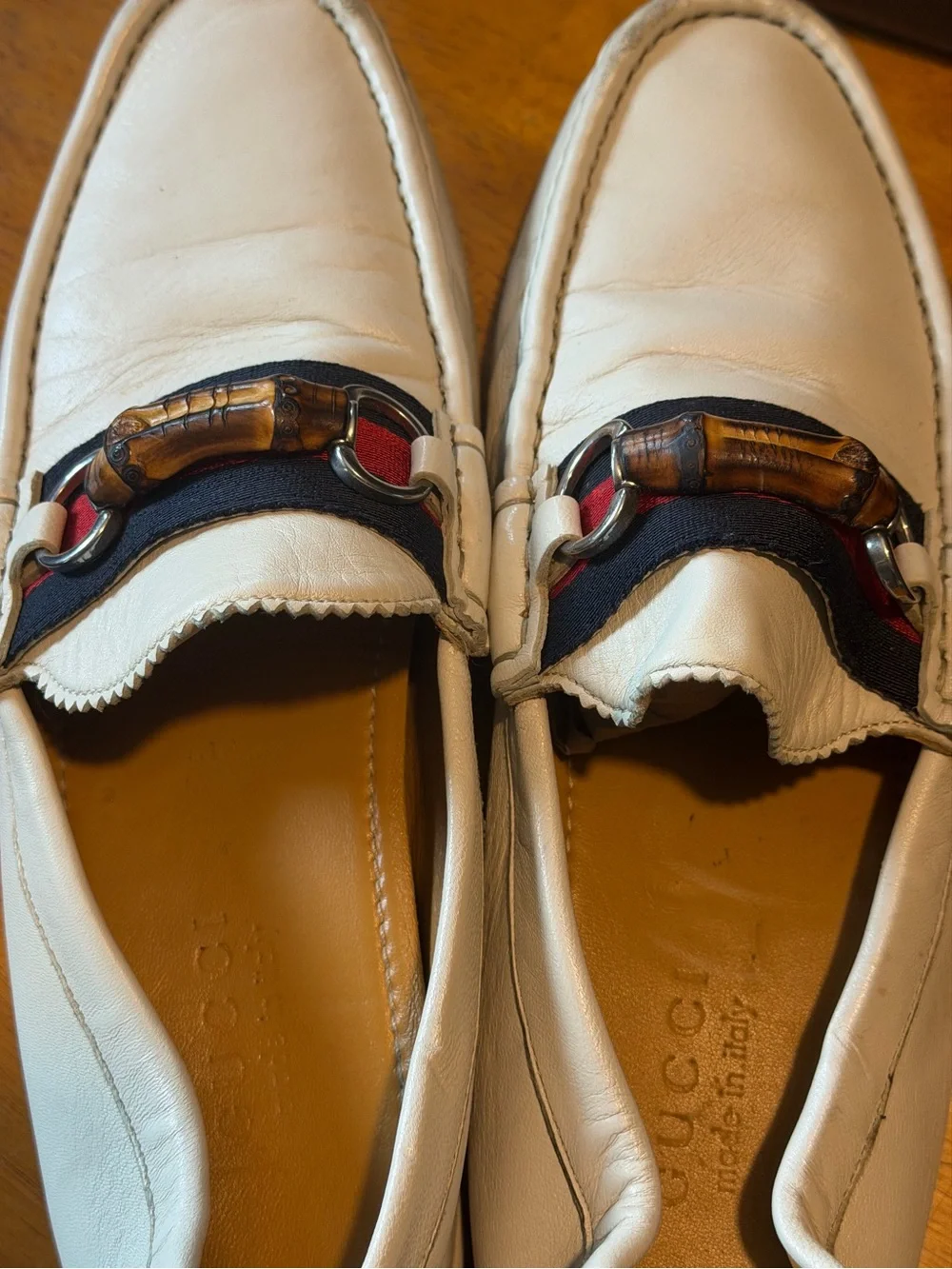 Gucci White Leather Loafers with Navy & Red Web and Bamboo Bit